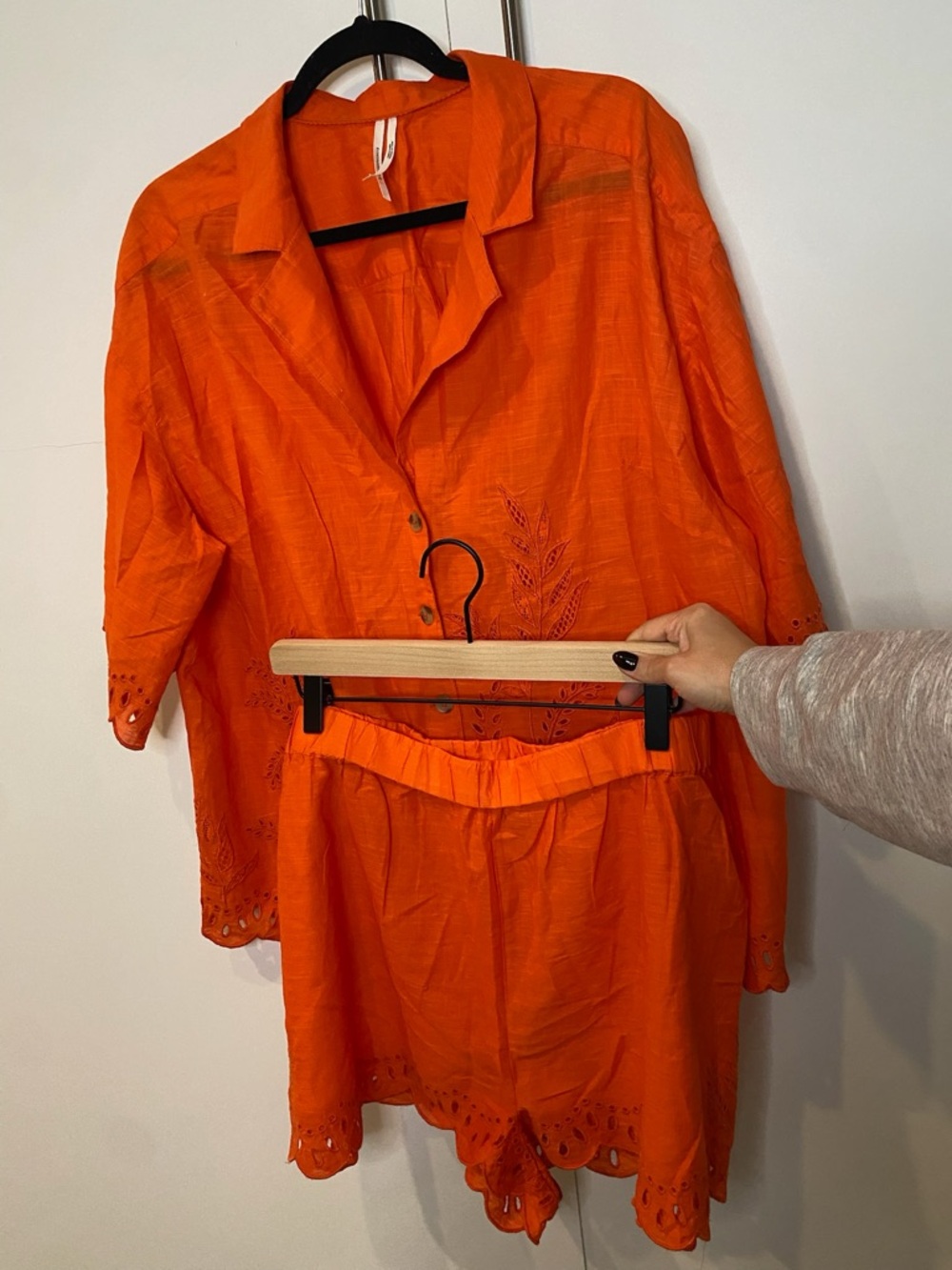 Anthropologie Bright Orange Button-Front Linen Top & Short